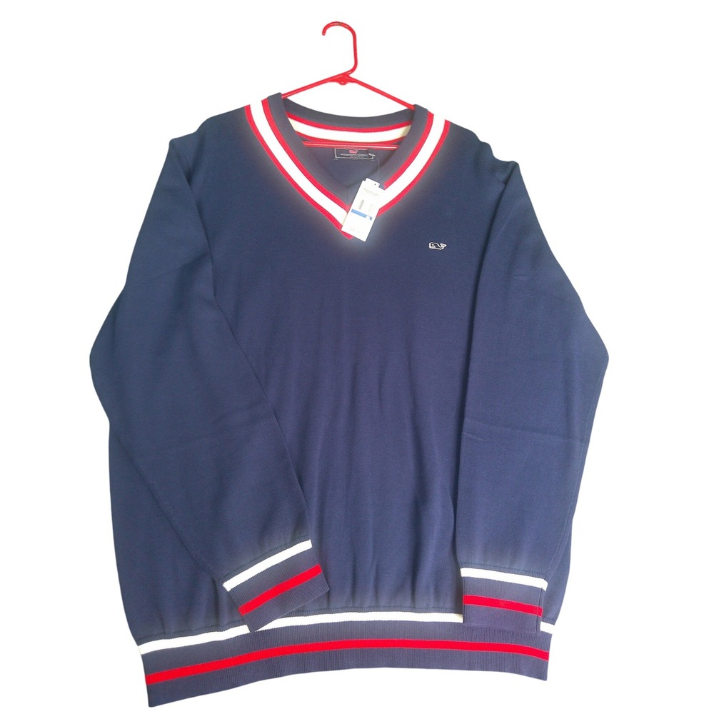 Vineyard Vines Men's Heritage Varsity Sweater Nautical Navy Red Stripe XL NWT